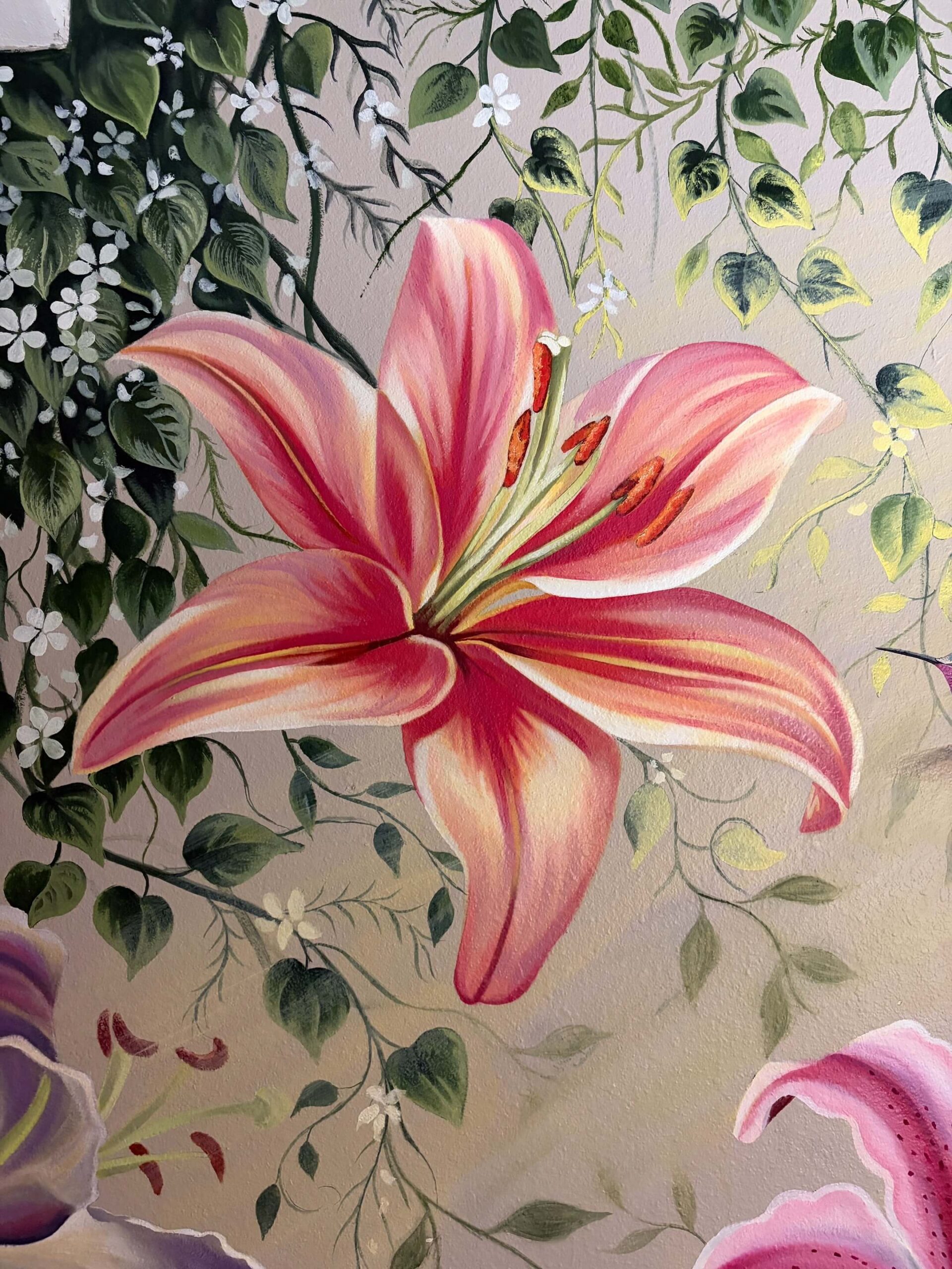Lily Flower and Hummingbird Oil Painting displayed as floral wall art