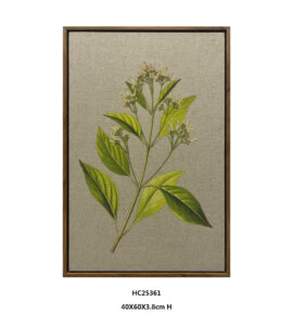 Linen botanical wall art with white flowers and green leaves