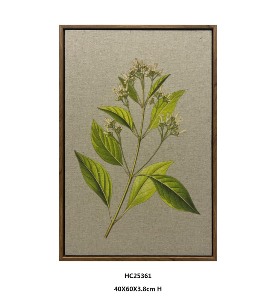 Linen botanical wall art with white flowers and green leaves