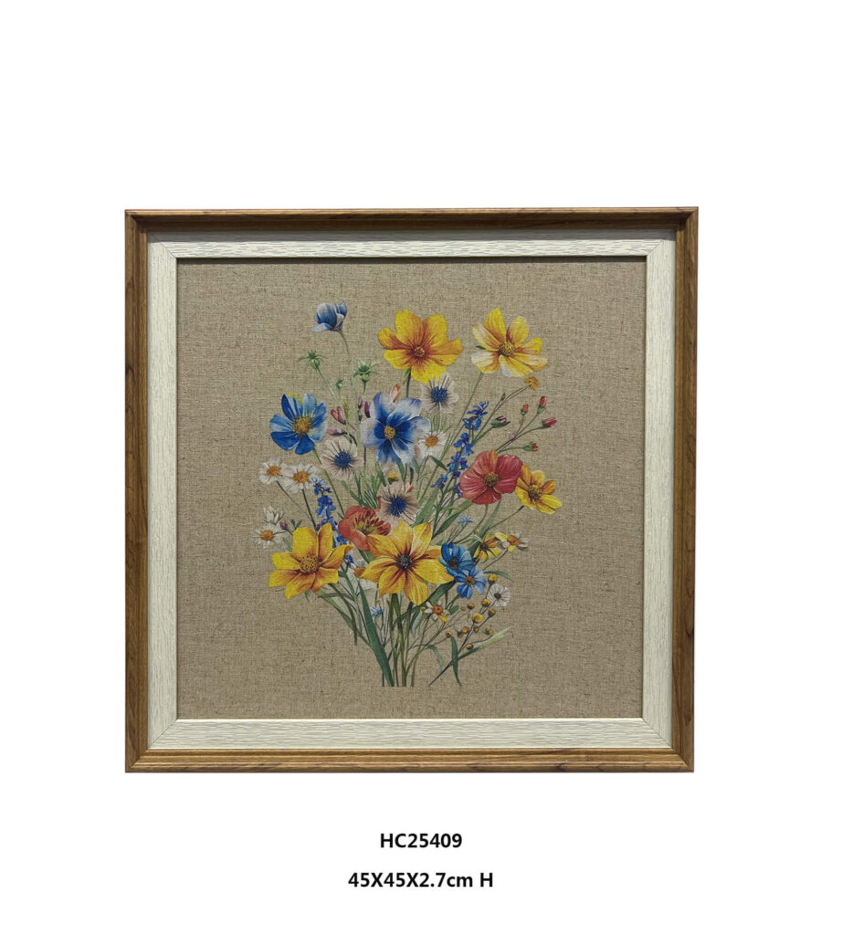 Linen floral wall art with blue and yellow flower bouquet