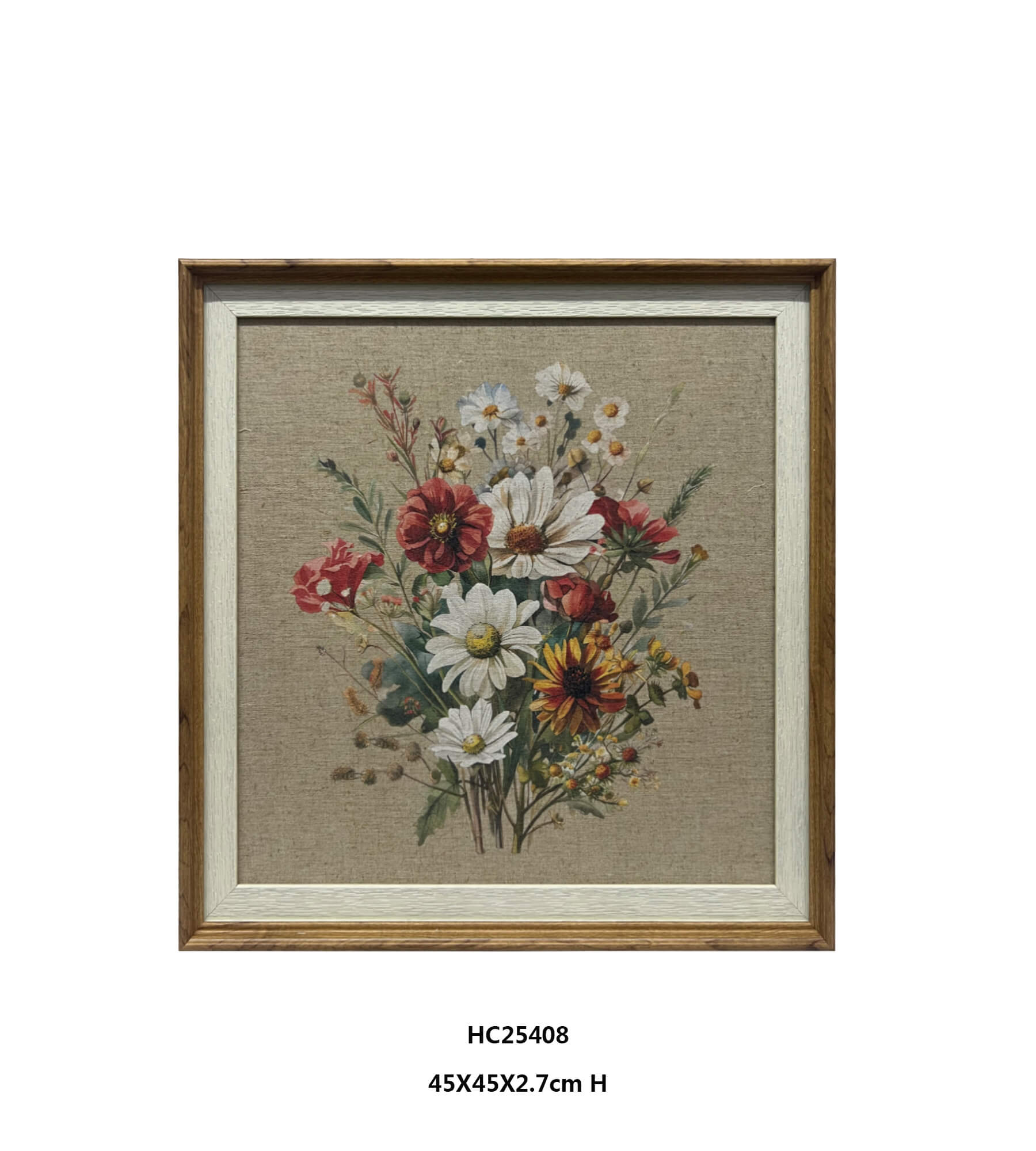Framed linen flower wall art with red white and ochre bouquet