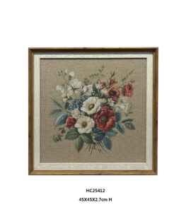 Framed linen flower wall art with white burgundy and blue gray bouquet
