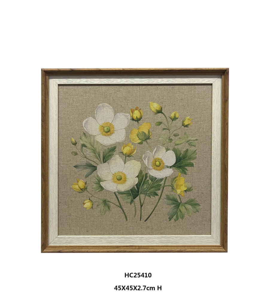 Linen flower wall art with white and yellow blooms in a wood-look frame