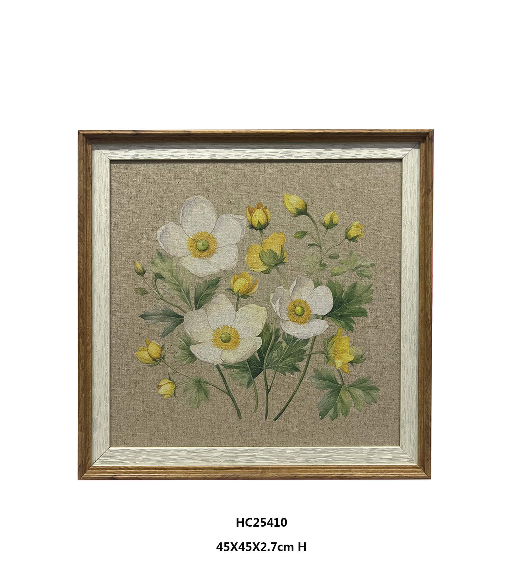 Linen flower wall art with white and yellow blooms in a wood-look frame