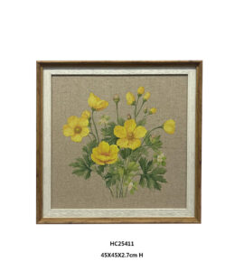 Linen flower wall art with yellow blooms and green leaves in a wood-look frame
