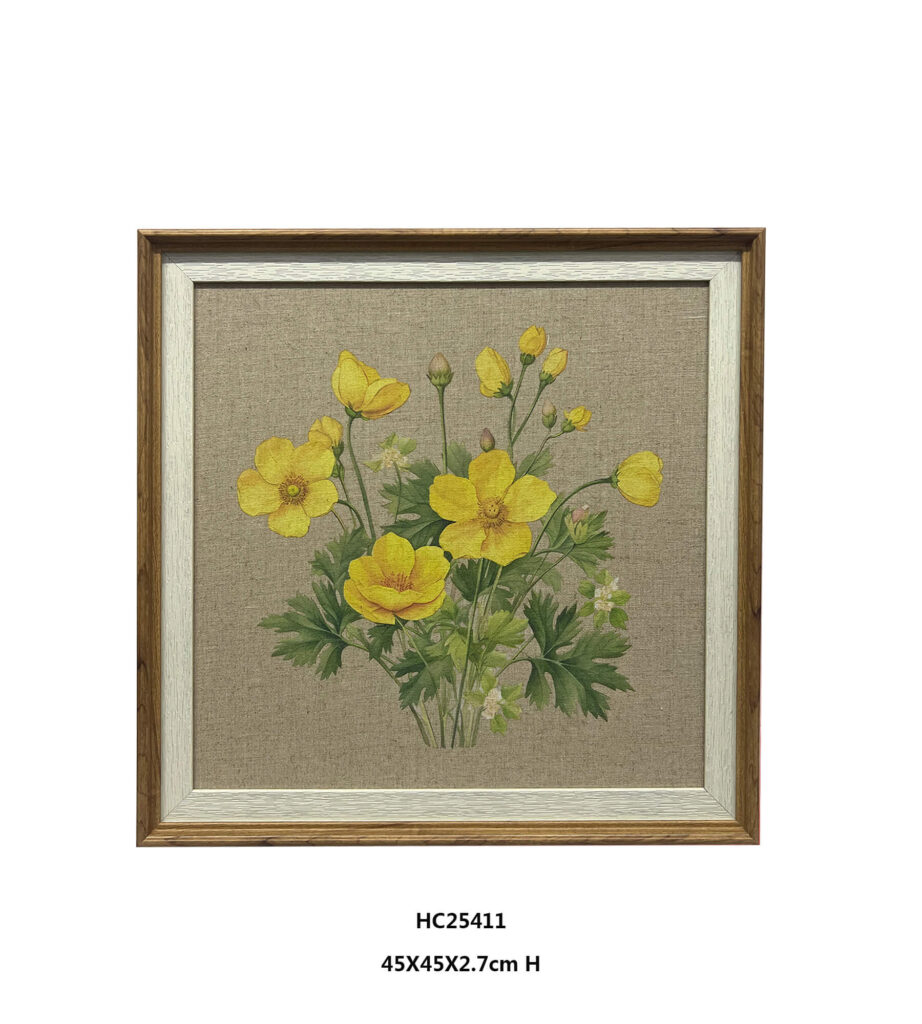 Linen flower wall art with yellow blooms and green leaves in a wood-look frame