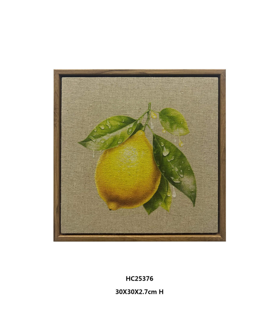 Framed linen lemon wall art with water droplets on green leaves