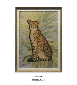 Linen leopard wall art with seated leopard and botanical foliage
