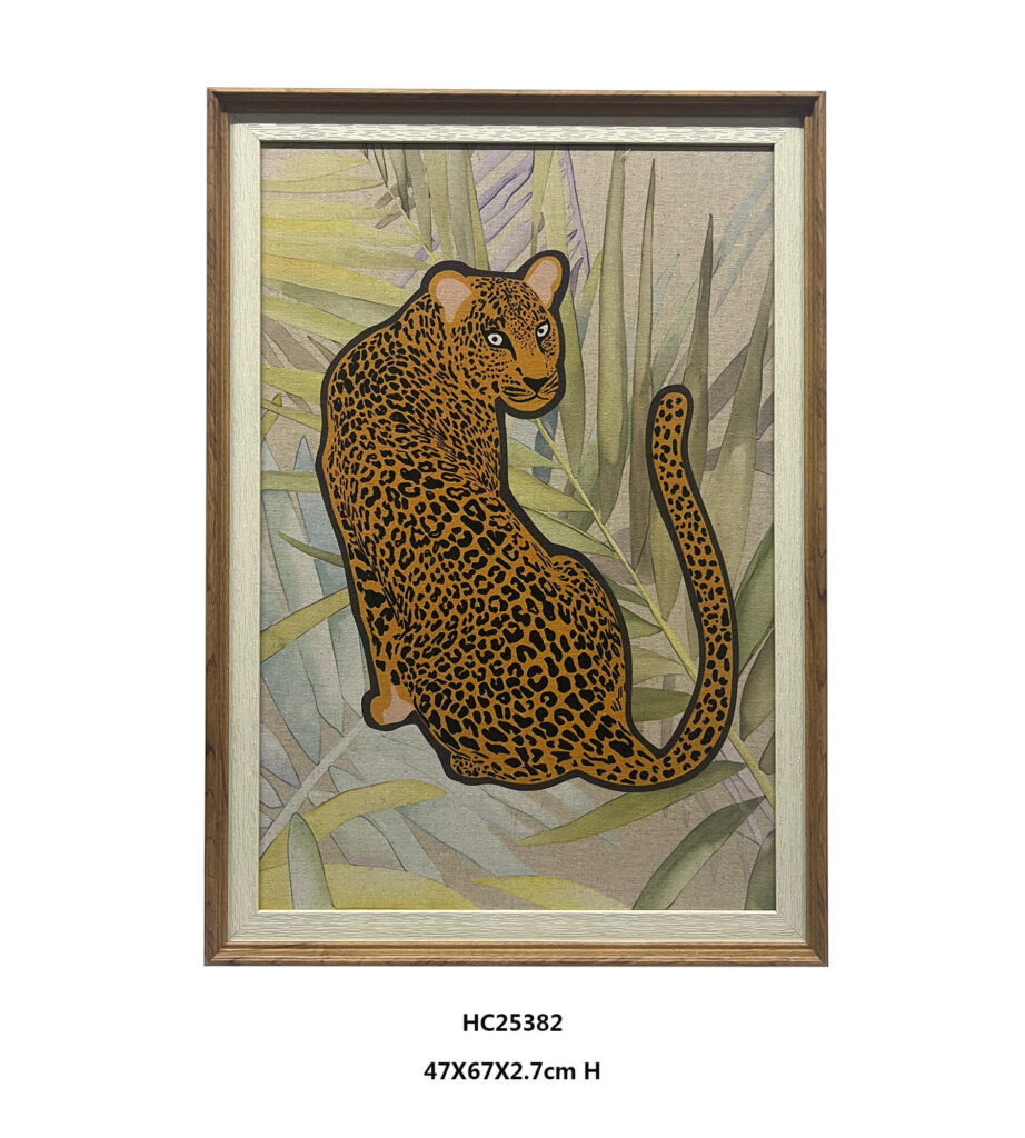 Linen leopard wall art with side facing leopard and botanical foliage