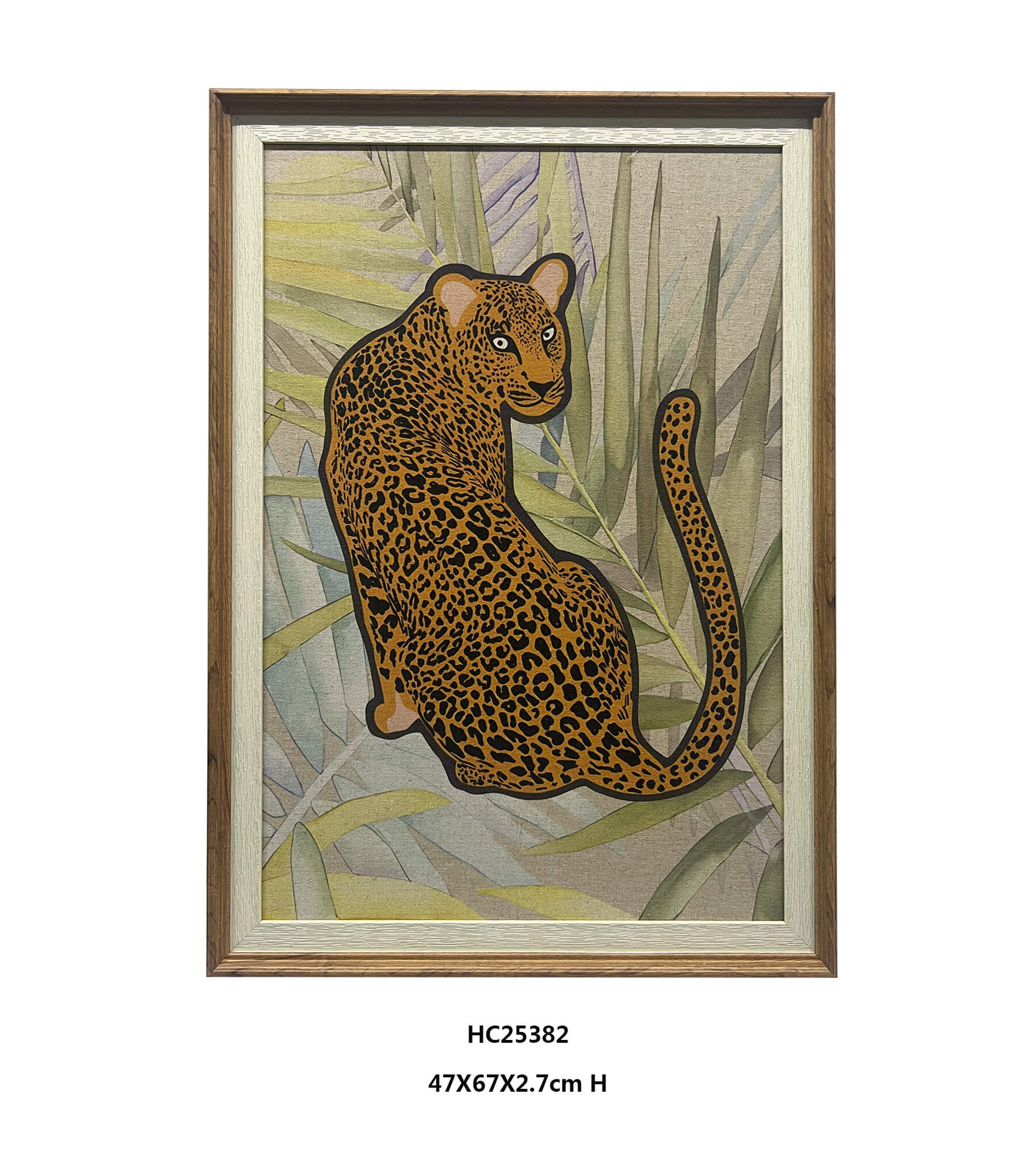 Linen leopard wall art with side facing leopard and botanical foliage