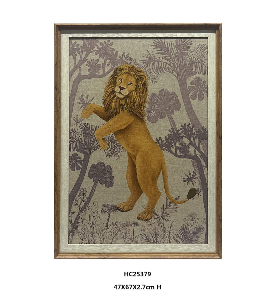 Lion artwork from a lion and tiger wall art set with botanical foliage