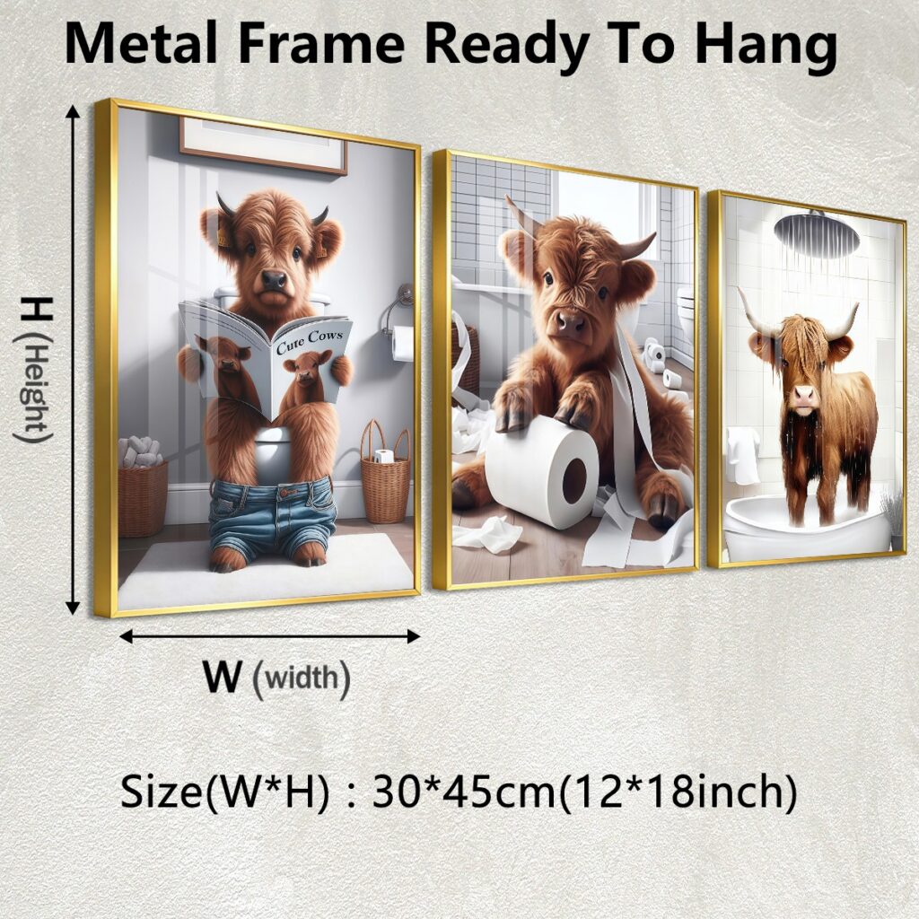 Metal framed Highland cow bathroom canvas wall art in 12 by 18 inch size