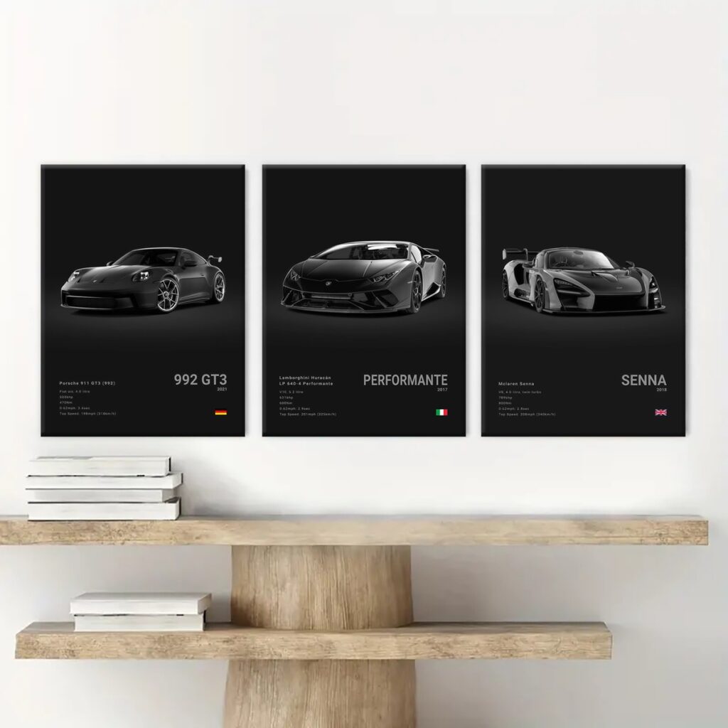 Minimalist black automotive spec posters displayed above a wood console