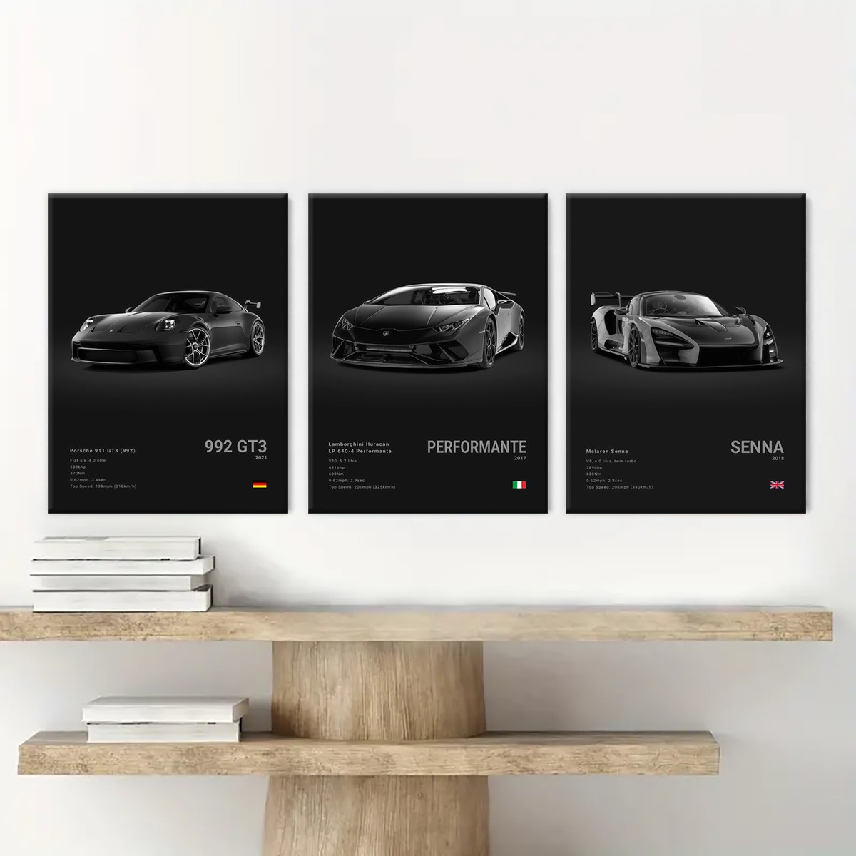 Black 3 Piece Supercar Canvas Wall Art with Minimalist Spec Design