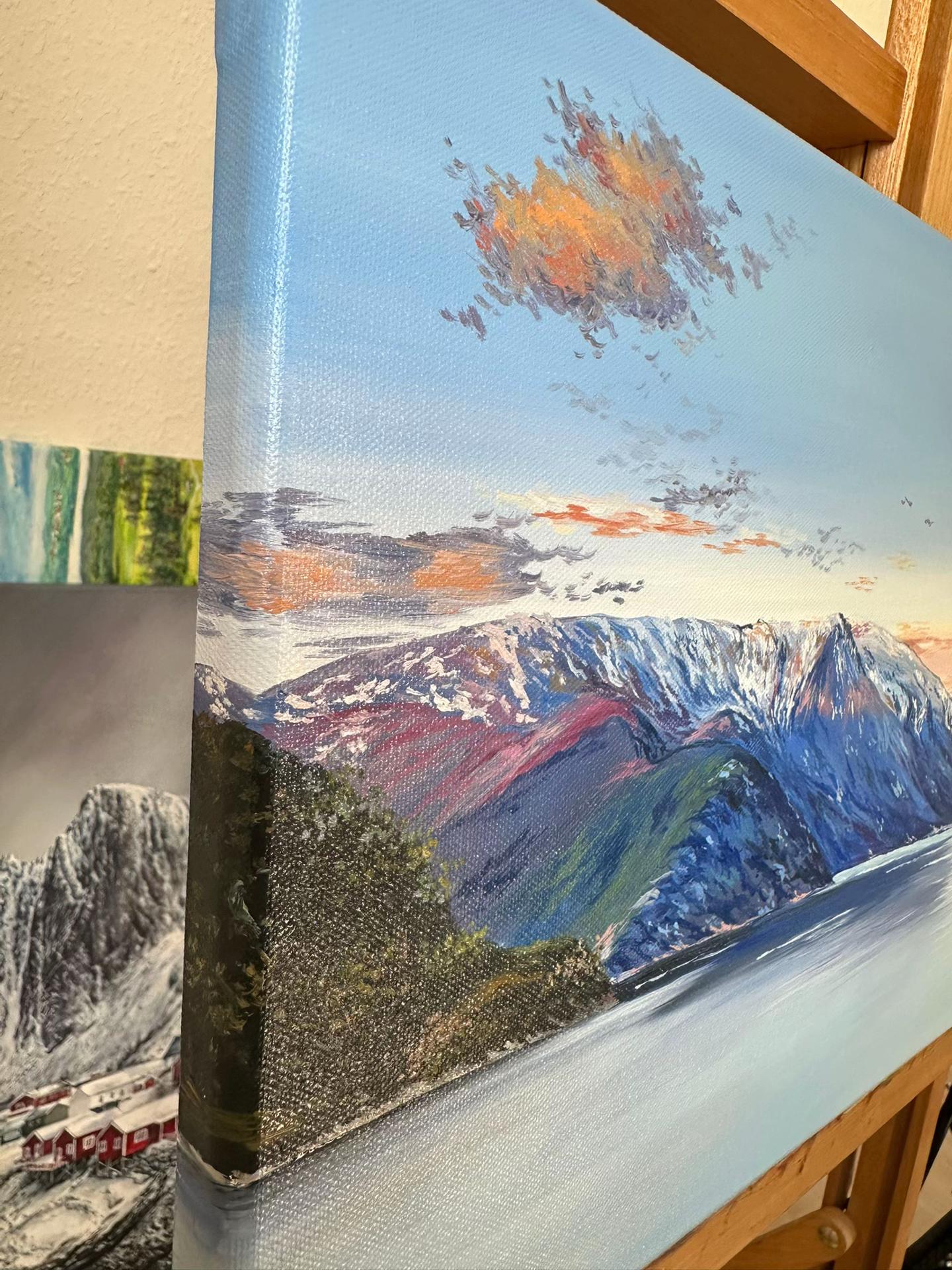 Mountain lake oil painting closeup showing snowy ridges and warm cloud brushwork