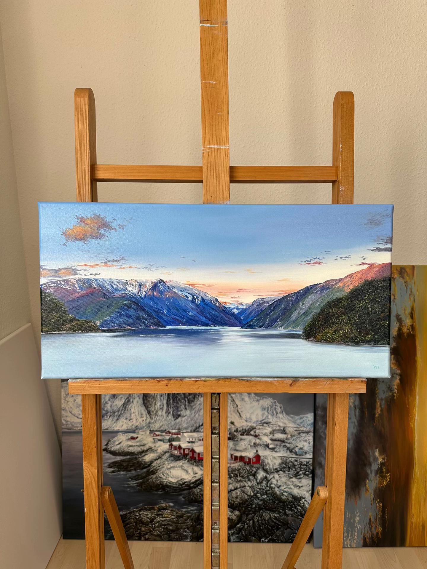 Mountain Lake Oil Painting with Snowy Peaks and a Luminous Sky