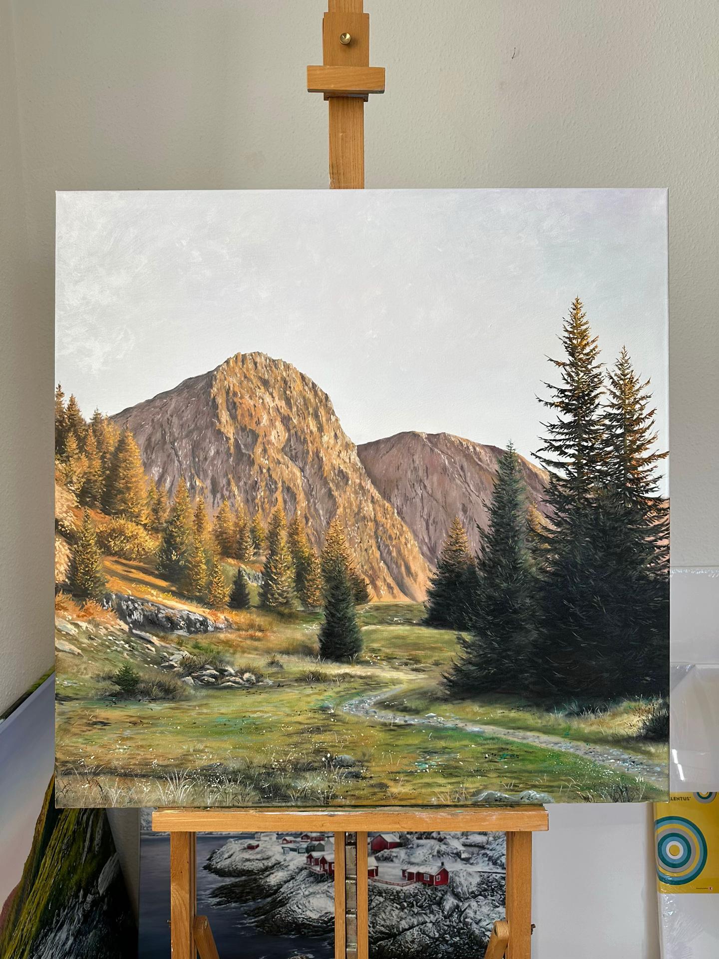 Hand Painted Mountain Landscape Oil Painting Autumn Path to the Peaks