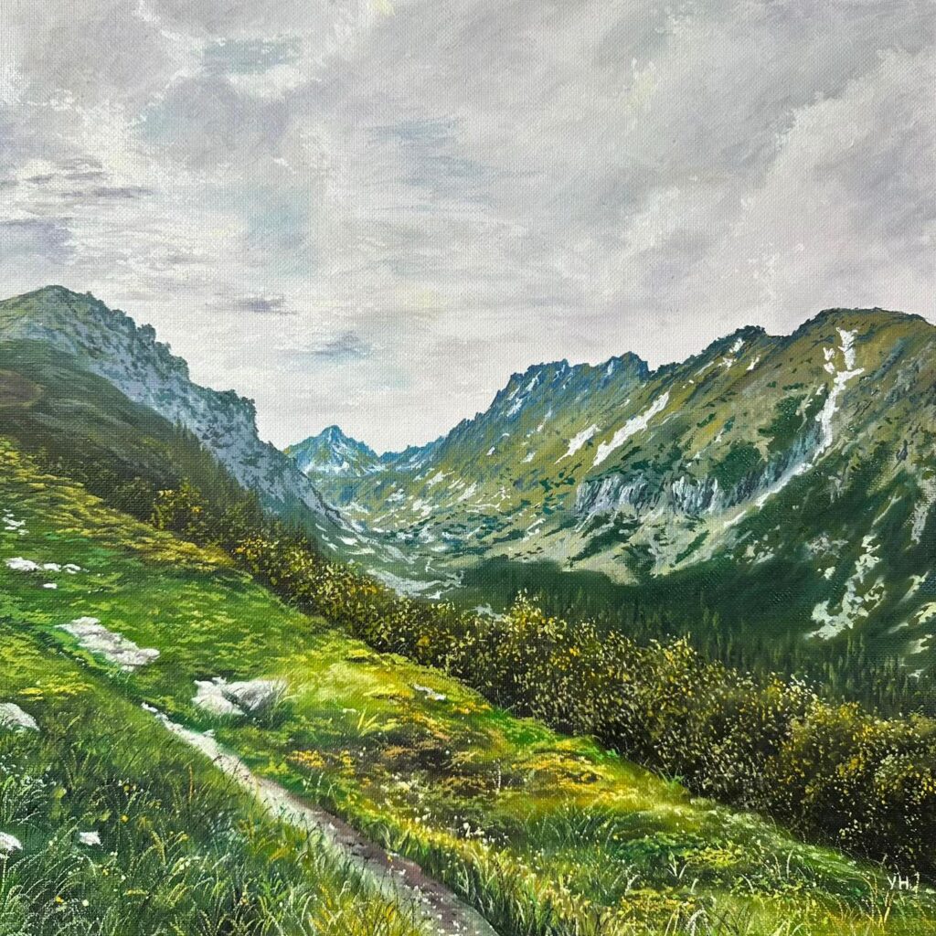 Mountain landscape oil painting detail