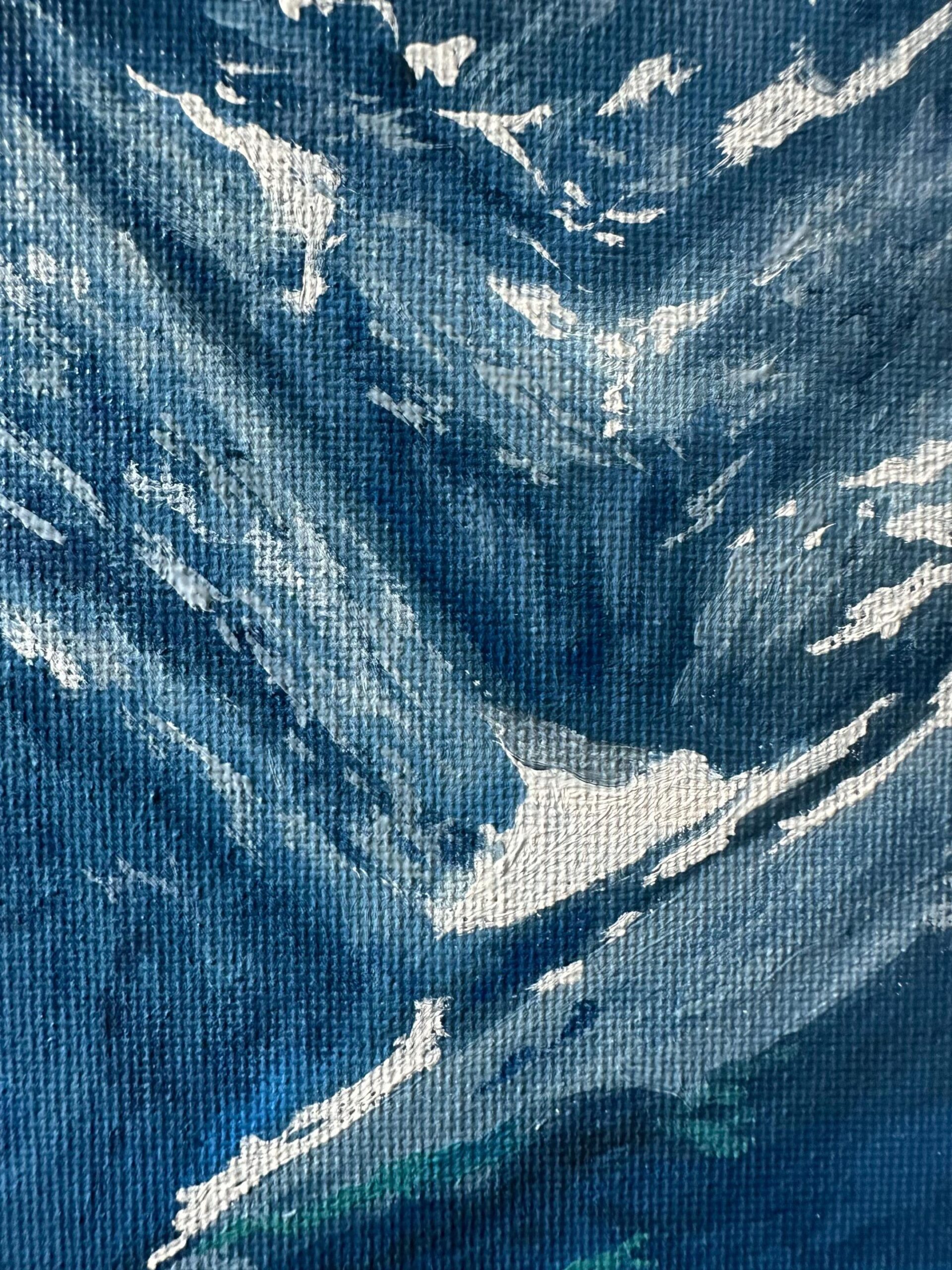 Close up of textured canvas and white mountain brushstrokes