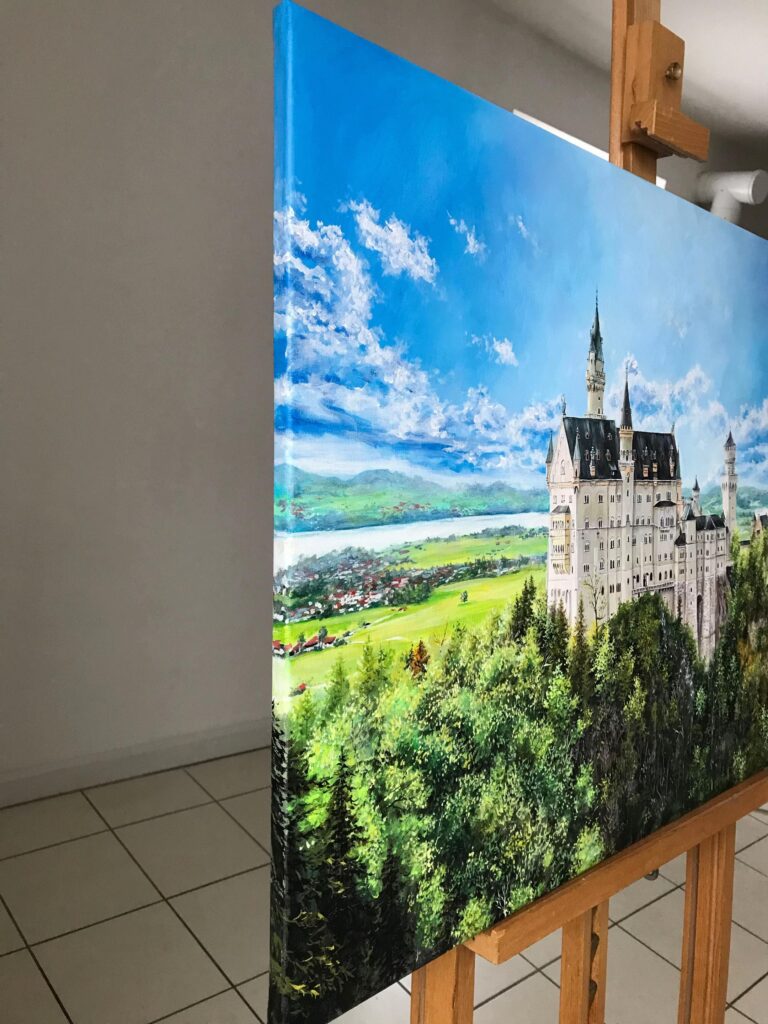 Side view of the wrapped Neuschwanstein Castle canvas