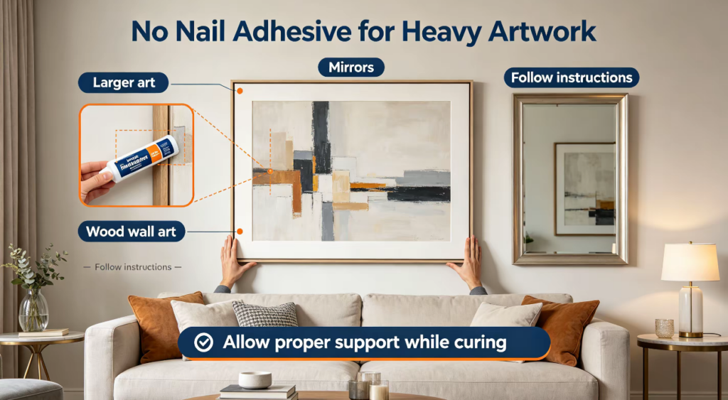No nail adhesive supports heavy wood wall art