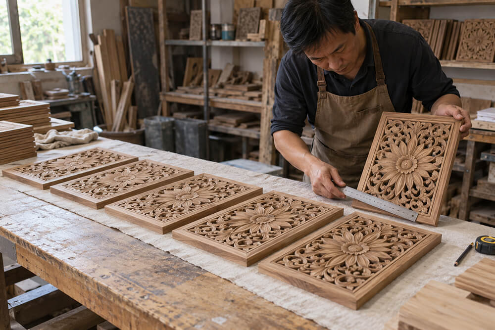 Worker checks matching wood carvings in a small production batch