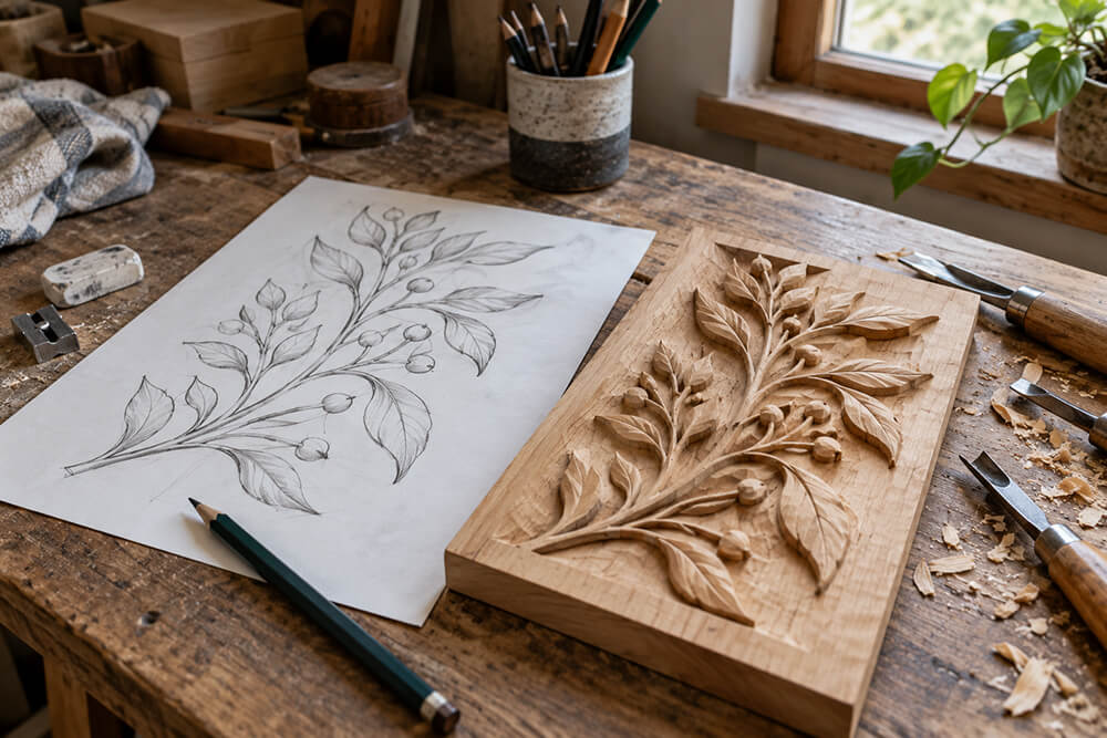 Botanical sketch beside a matching carved wood relief sample