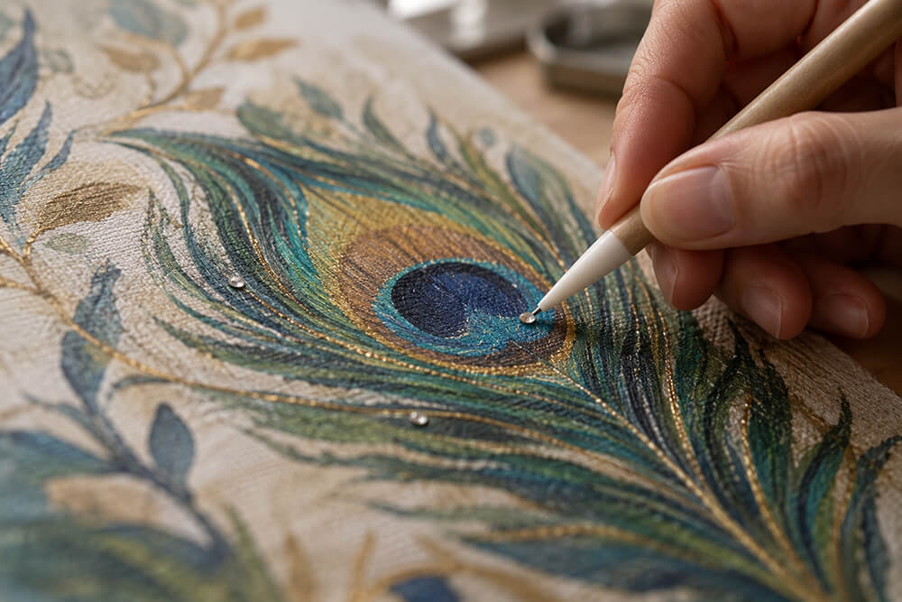A crystal being placed on a painted peacock feather canvas