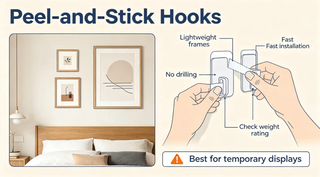 Peel and stick hooks for lightweight bedroom wall art