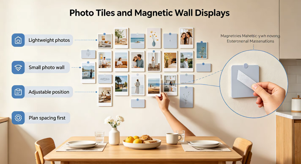 Photo tiles create an adjustable dining room wall art display
