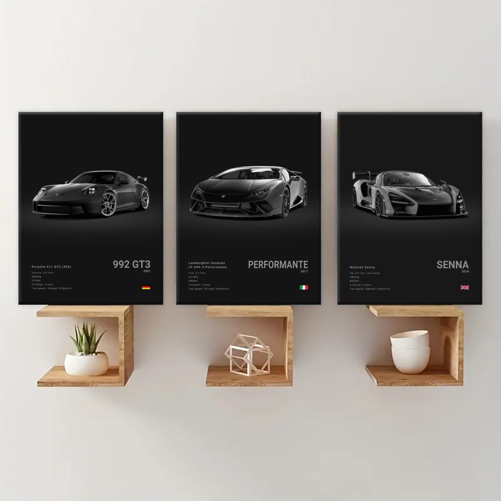 Porsche Lamborghini and McLaren canvas prints above modern wall shelves