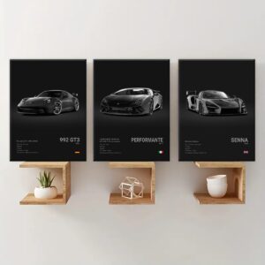 Porsche Lamborghini and McLaren canvas prints above modern wall shelves