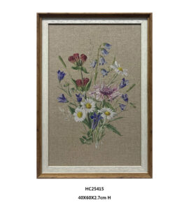 Framed vintage floral wall art on printed linen with purple blue and white blooms