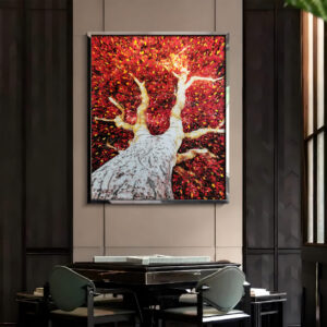 Red tree wall art displayed above a dining table