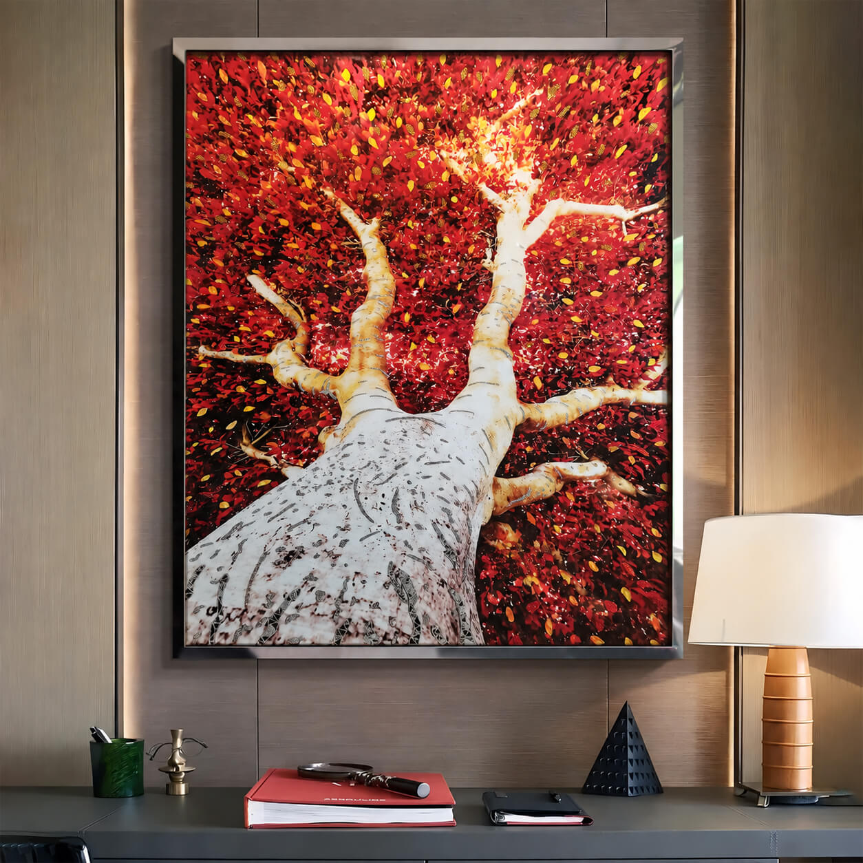 Red tree wall art displayed in a modern interior