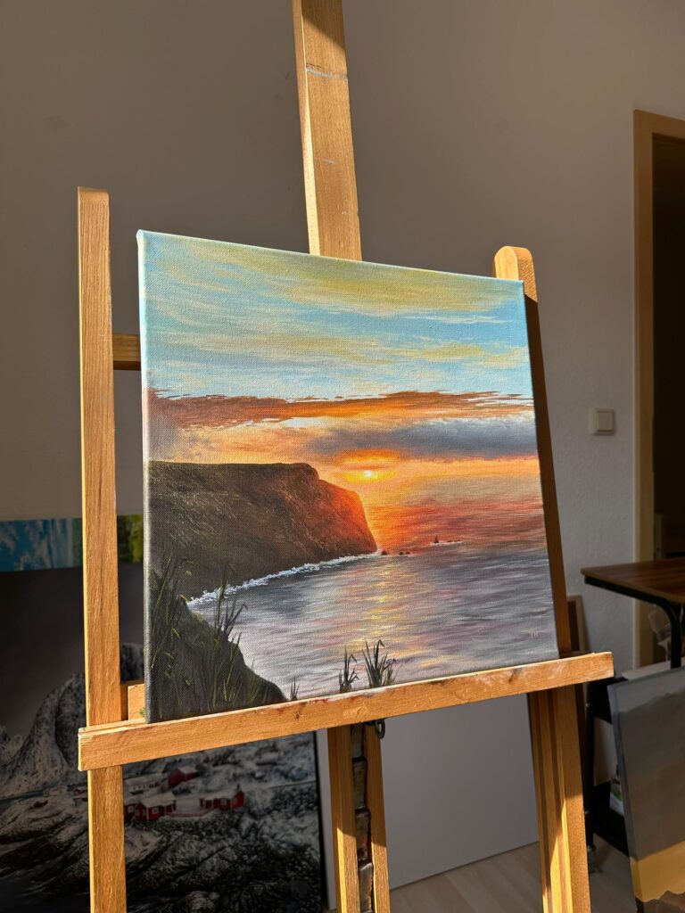 Sunset seascape landscape oil painting with rocky coastline