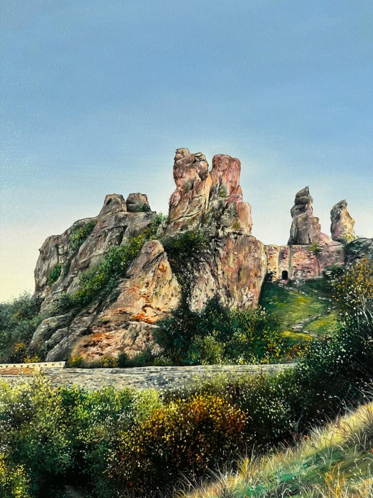 Round landscape oil painting detail with rocky cliffs and green foliage