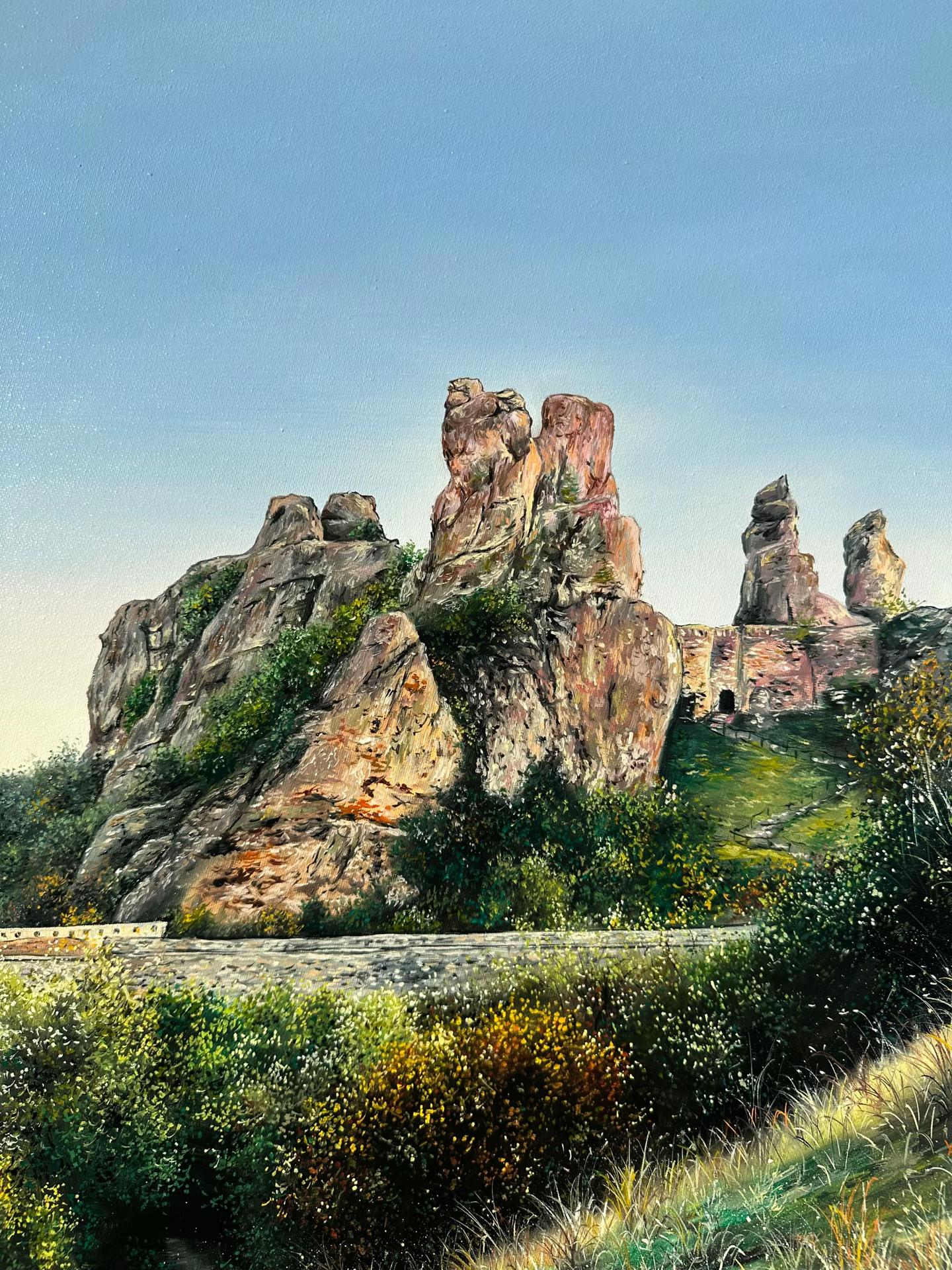 Round landscape oil painting detail with rocky cliffs and green foliage