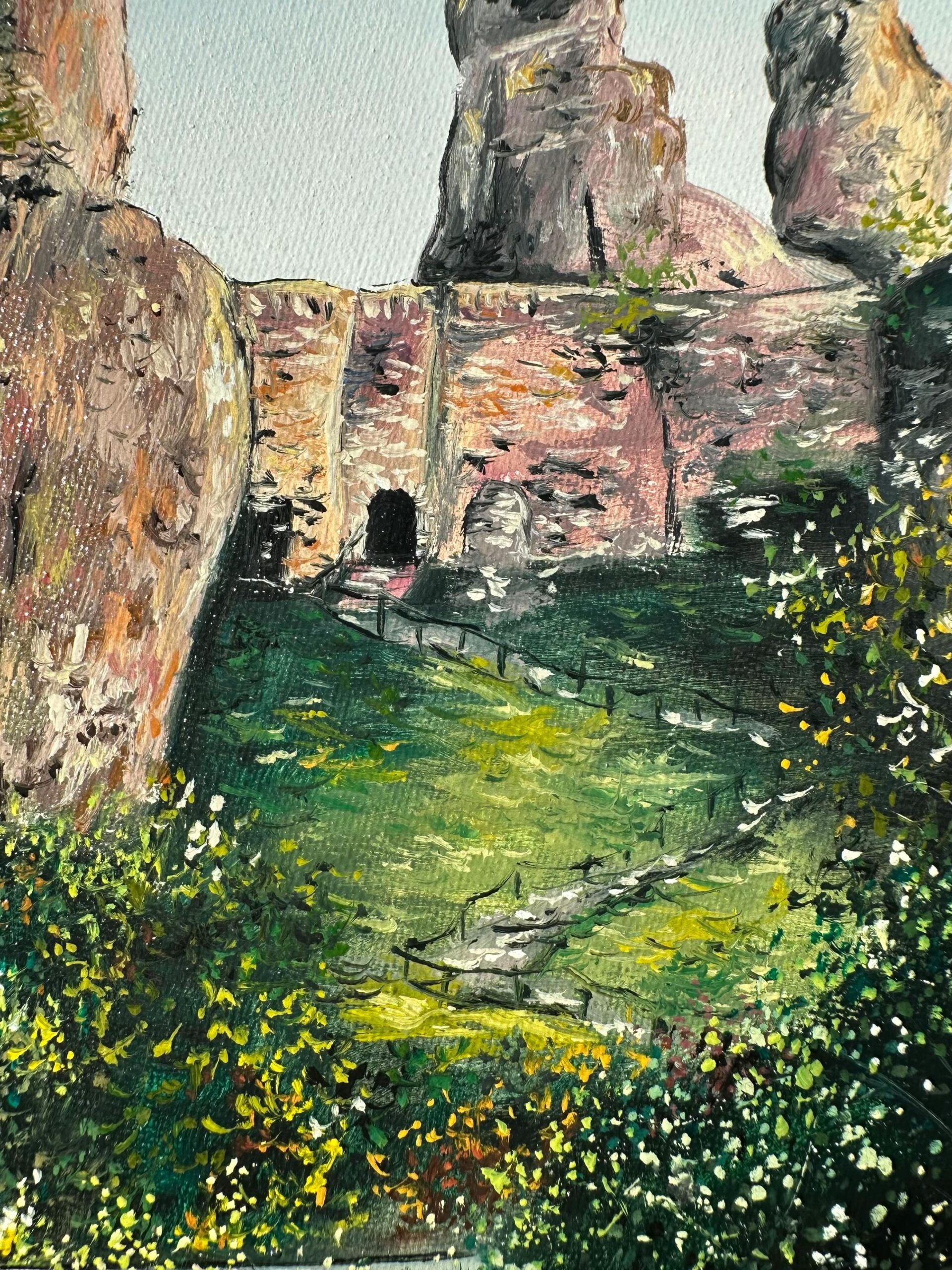 Round landscape oil painting detail showing fortress walls and stone steps