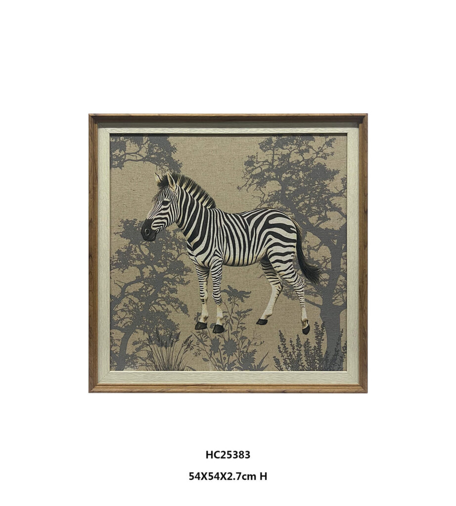 Safari animal wall art with a framed giraffe and savanna trees