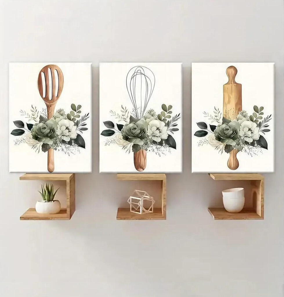 Sage green farmhouse kitchen canvas wall art above floating wood shelves