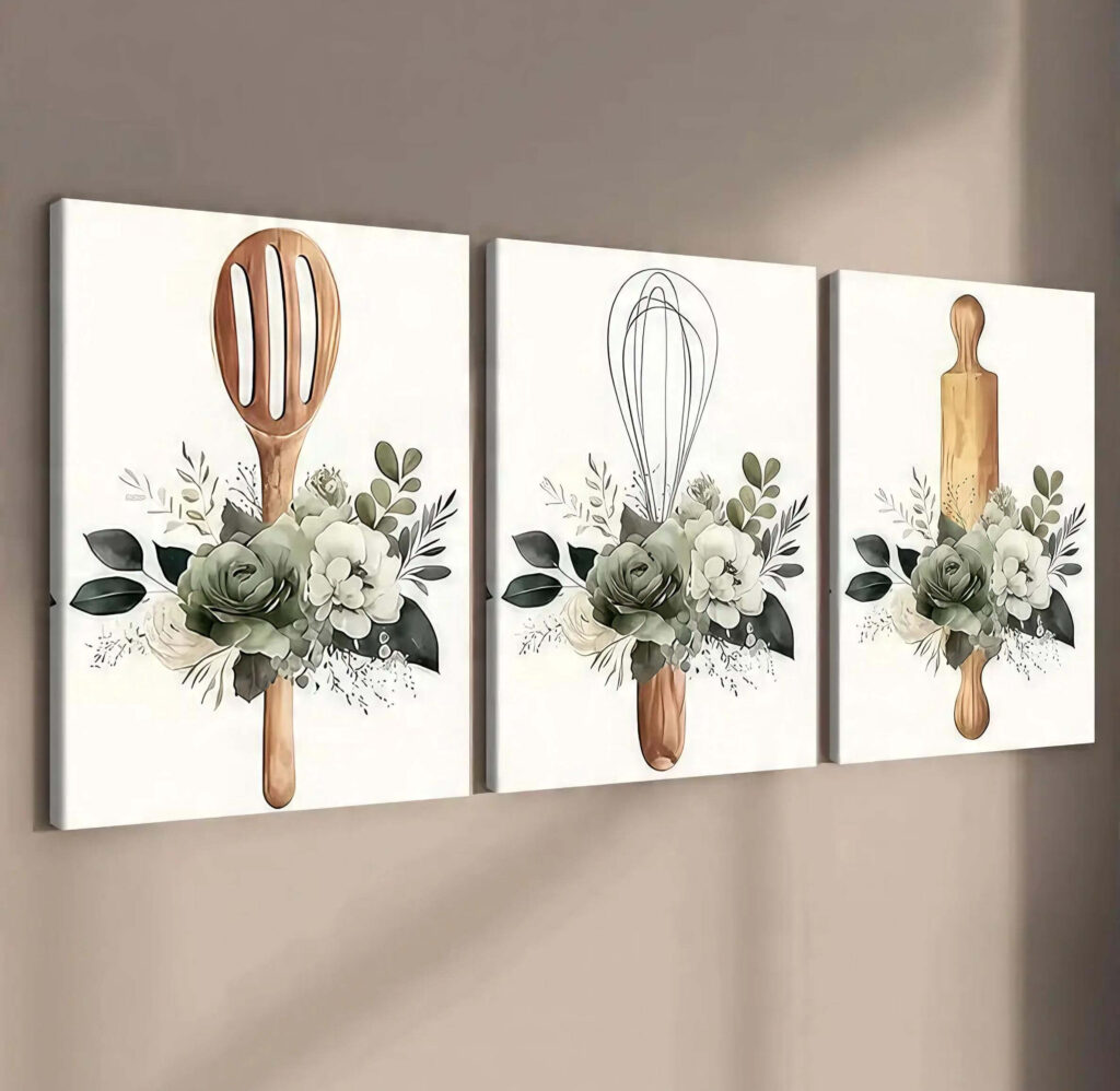 Sage green farmhouse kitchen canvas wall art with floral utensils