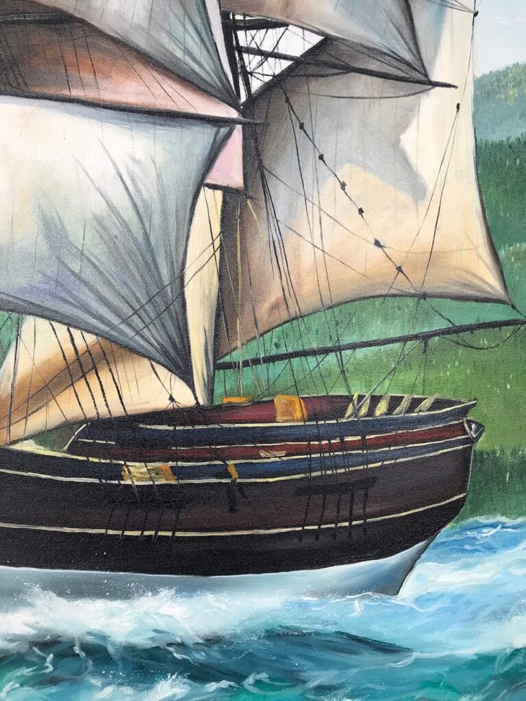 Close view of the sailing ship hull rigging and white sails