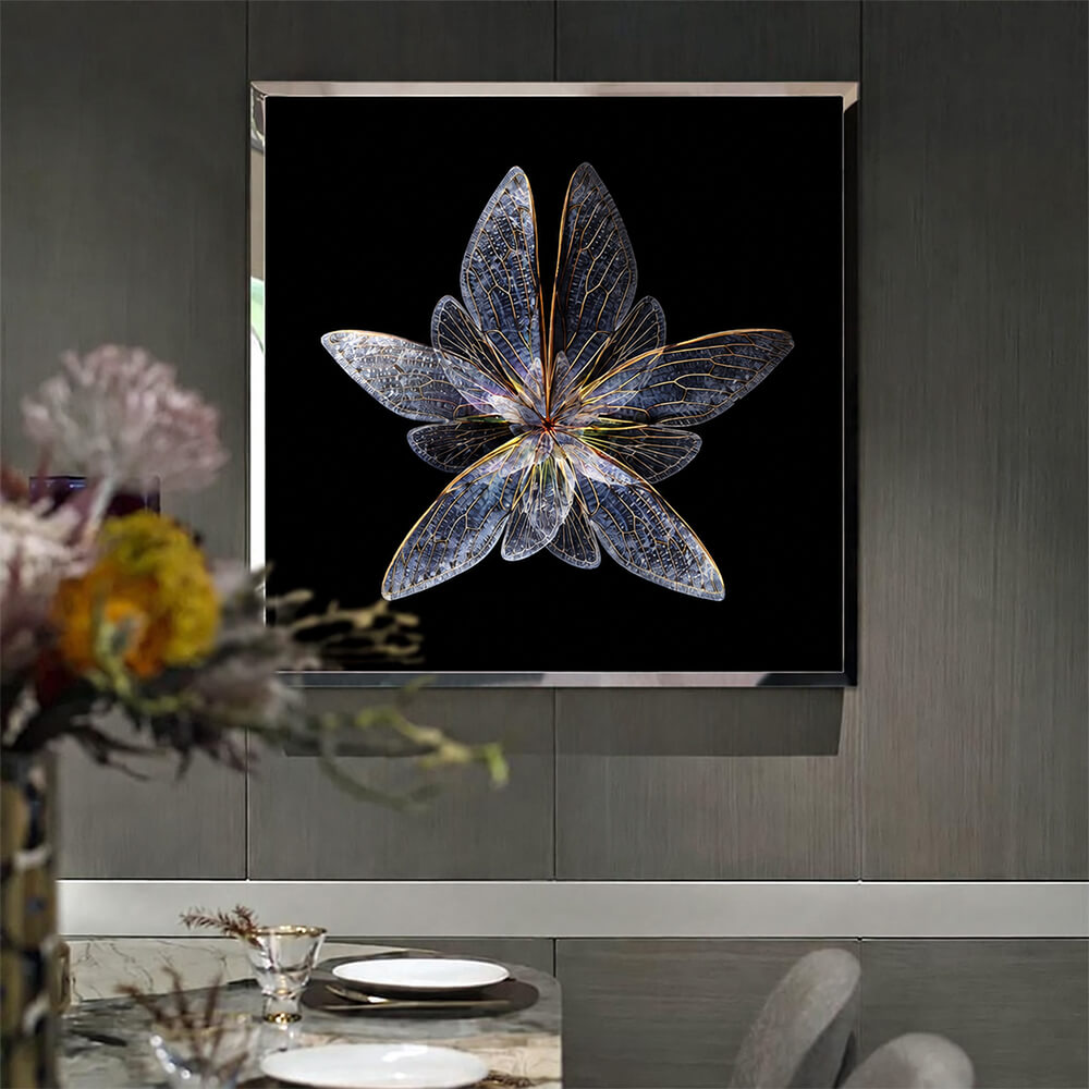 Silver wing crystal wall art above a modern console in a gray room