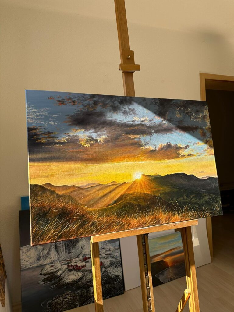 Dramatic sky landscape oil painting displayed in natural light