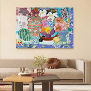 Colorful still life oil painting displayed above a beige sofa