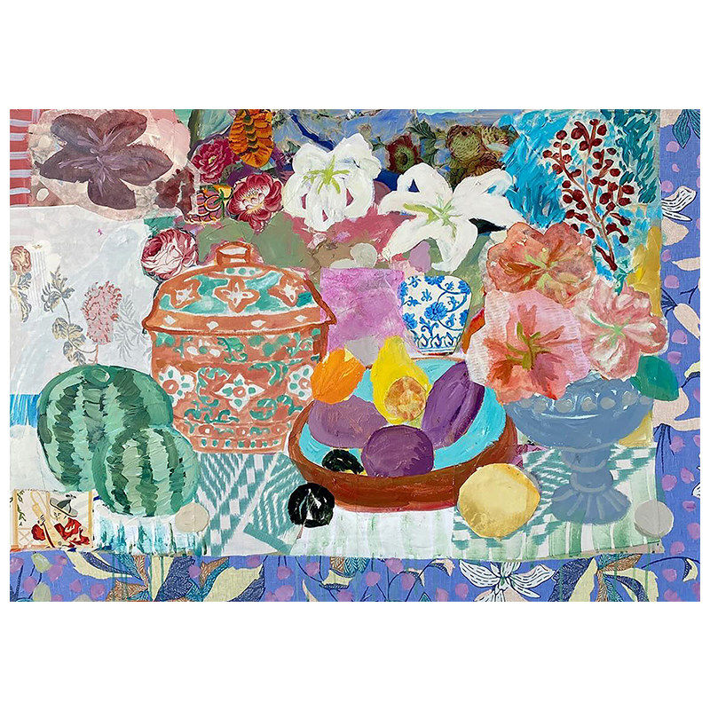 Still life oil painting with flowers fruit and patterned ceramic vessels
