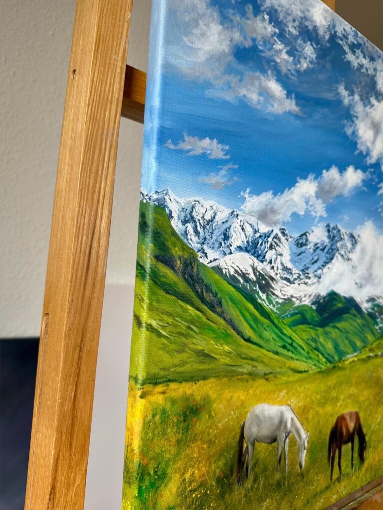 Side edge of stretched alpine horse canvas painting