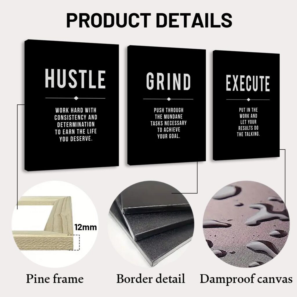 Pine stretcher frame and wrapped edges of the motivational canvas