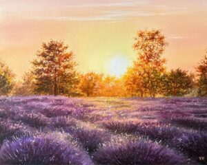 Sunset landscape oil painting with a purple field